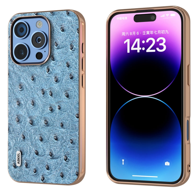 ABEEL Electroplating Frame Genuine Leather Ostrich Texture Phone Case, For iPhone 16 Pro Max, For iPhone 16 Pro, For iPhone 16 Plus, For iPhone 16