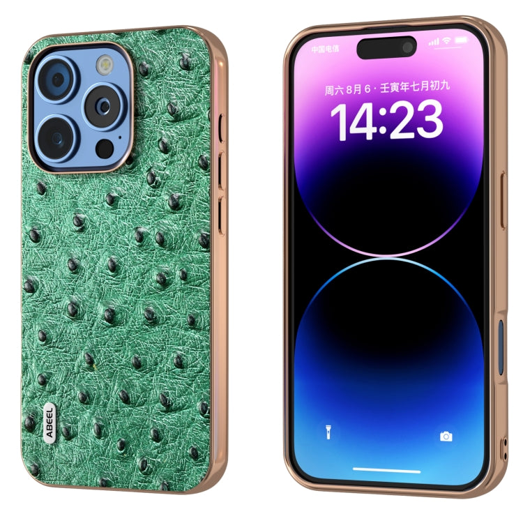 ABEEL Electroplating Frame Genuine Leather Ostrich Texture Phone Case, For iPhone 16 Pro Max, For iPhone 16 Pro, For iPhone 16 Plus, For iPhone 16