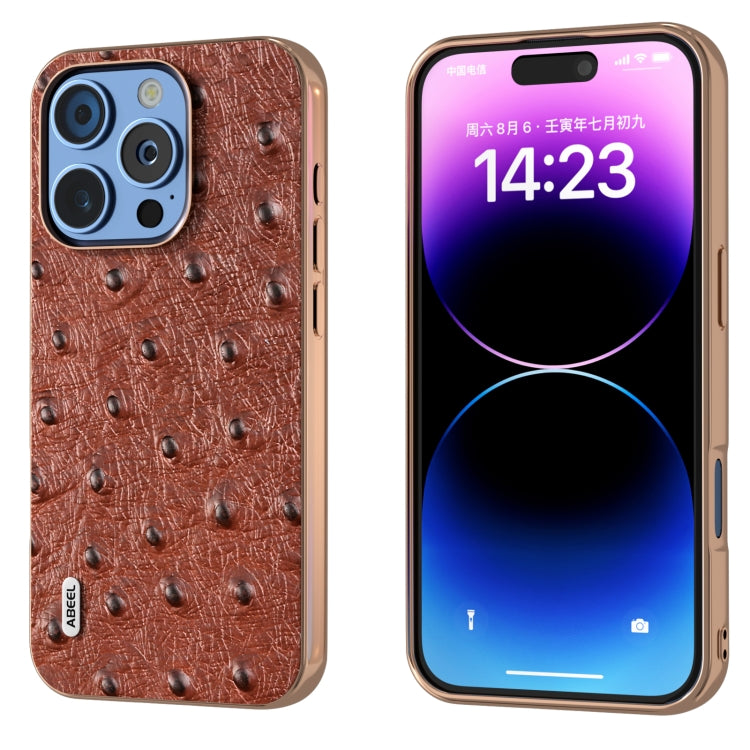 ABEEL Electroplating Frame Genuine Leather Ostrich Texture Phone Case, For iPhone 16 Pro Max, For iPhone 16 Pro, For iPhone 16 Plus, For iPhone 16