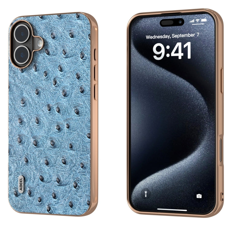 ABEEL Electroplating Frame Genuine Leather Ostrich Texture Phone Case, For iPhone 16 Pro Max, For iPhone 16 Pro, For iPhone 16 Plus, For iPhone 16