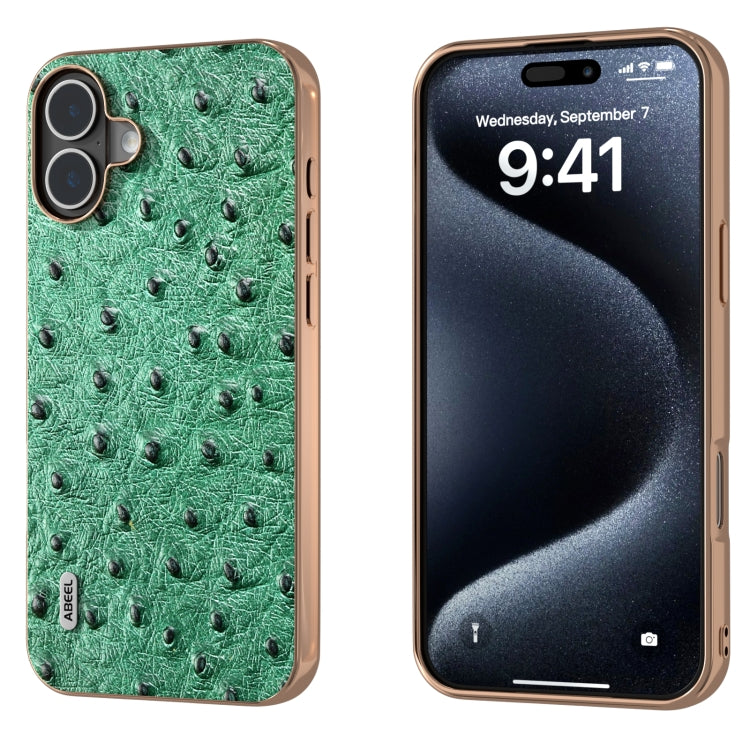 ABEEL Electroplating Frame Genuine Leather Ostrich Texture Phone Case, For iPhone 16 Pro Max, For iPhone 16 Pro, For iPhone 16 Plus, For iPhone 16