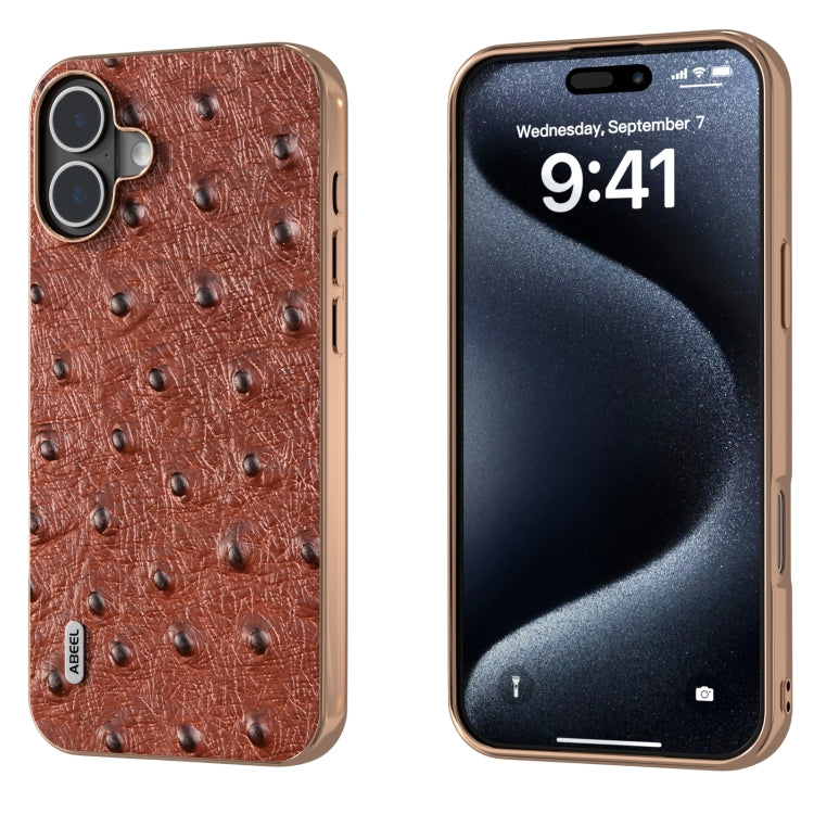 ABEEL Electroplating Frame Genuine Leather Ostrich Texture Phone Case, For iPhone 16 Pro Max, For iPhone 16 Pro, For iPhone 16 Plus, For iPhone 16