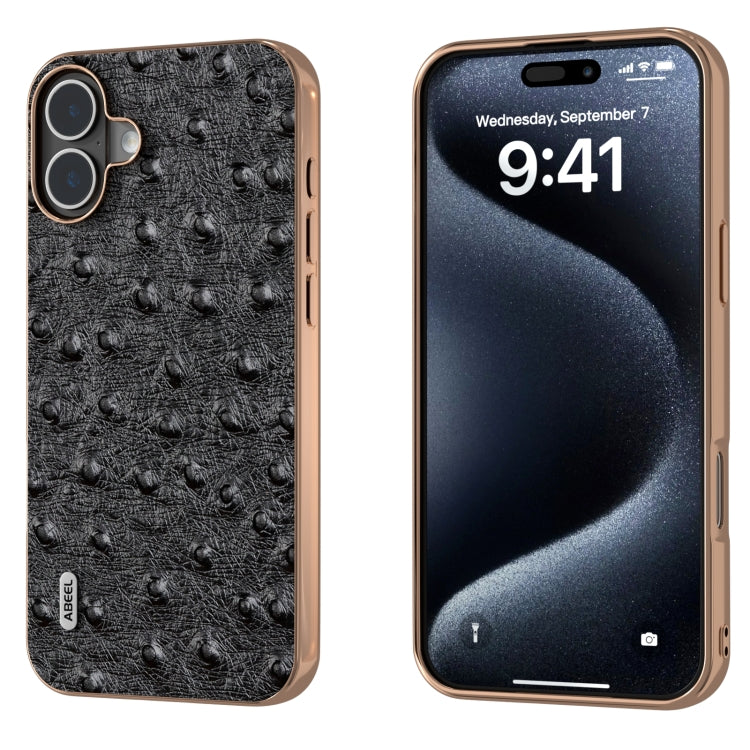 ABEEL Electroplating Frame Genuine Leather Ostrich Texture Phone Case, For iPhone 16 Pro Max, For iPhone 16 Pro, For iPhone 16 Plus, For iPhone 16