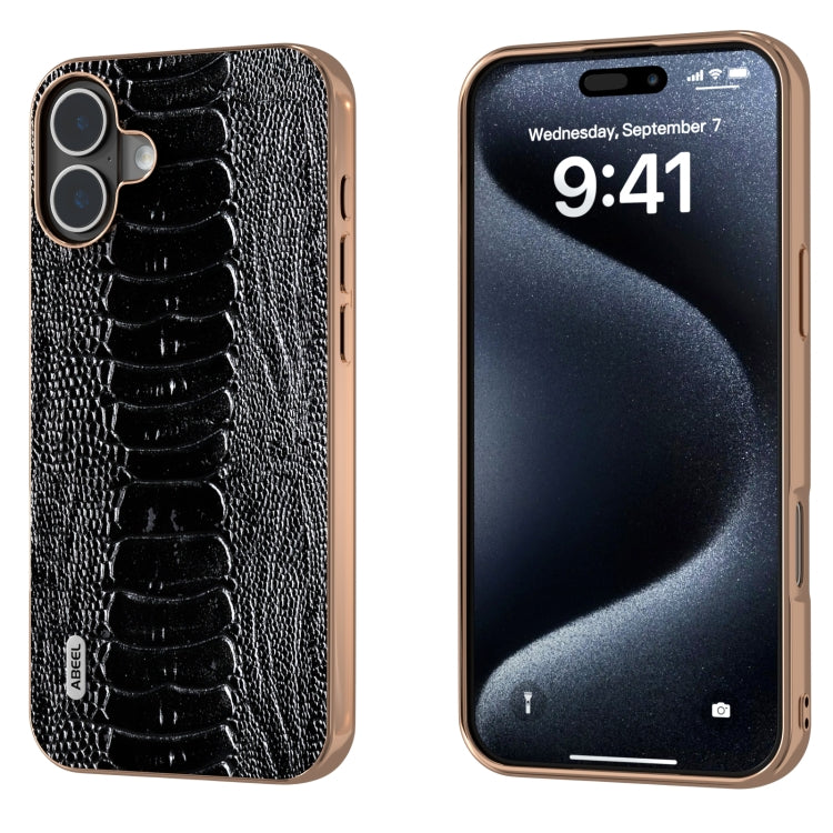 ABEEL Electroplating Frame Genuine Leather Weilai Series Phone Case, For iPhone 16 Pro Max, For iPhone 16 Pro, For iPhone 16 Plus, For iPhone 16