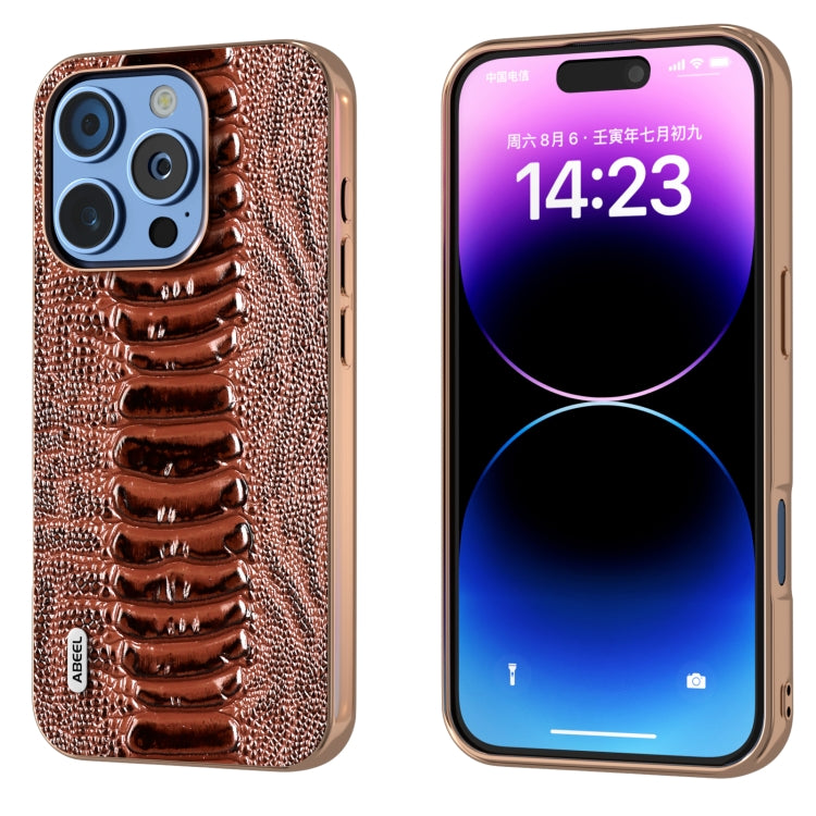ABEEL Electroplating Frame Genuine Leather Weilai Series Phone Case, For iPhone 16 Pro Max, For iPhone 16 Pro, For iPhone 16 Plus, For iPhone 16