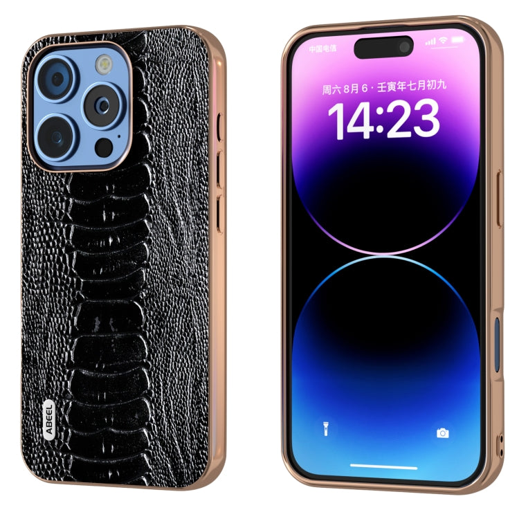 ABEEL Electroplating Frame Genuine Leather Weilai Series Phone Case, For iPhone 16 Pro Max, For iPhone 16 Pro, For iPhone 16 Plus, For iPhone 16