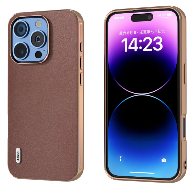 ABEEL Electroplating Frame Genuine Leather Xiaoya Series Phone Case, For iPhone 16 Plus, For iPhone 16, For iPhone 16 Pro Max, For iPhone 16 Pro