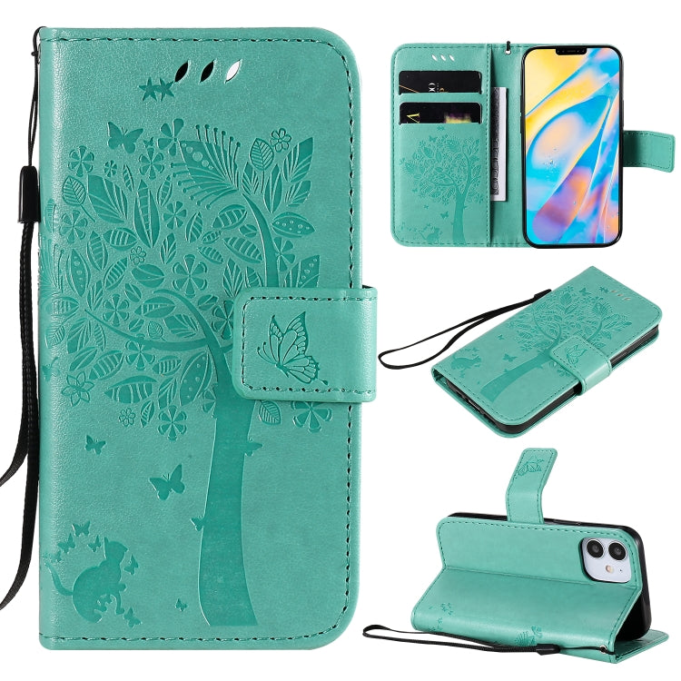 Tree & Cat Embossed Pattern Horizontal Flip Leather Case with Holder & Card Slots & Wallet & Lanyard, For iPhone 12 mini, For iPhone 12 / 12 Pro
