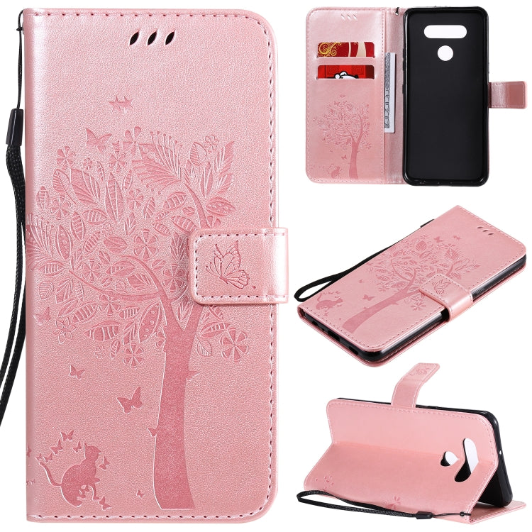 Tree & Cat Embossed Pattern Horizontal Flip Leather Case with Holder & Card Slots & Wallet & Lanyard, For LG K51, For LG K61