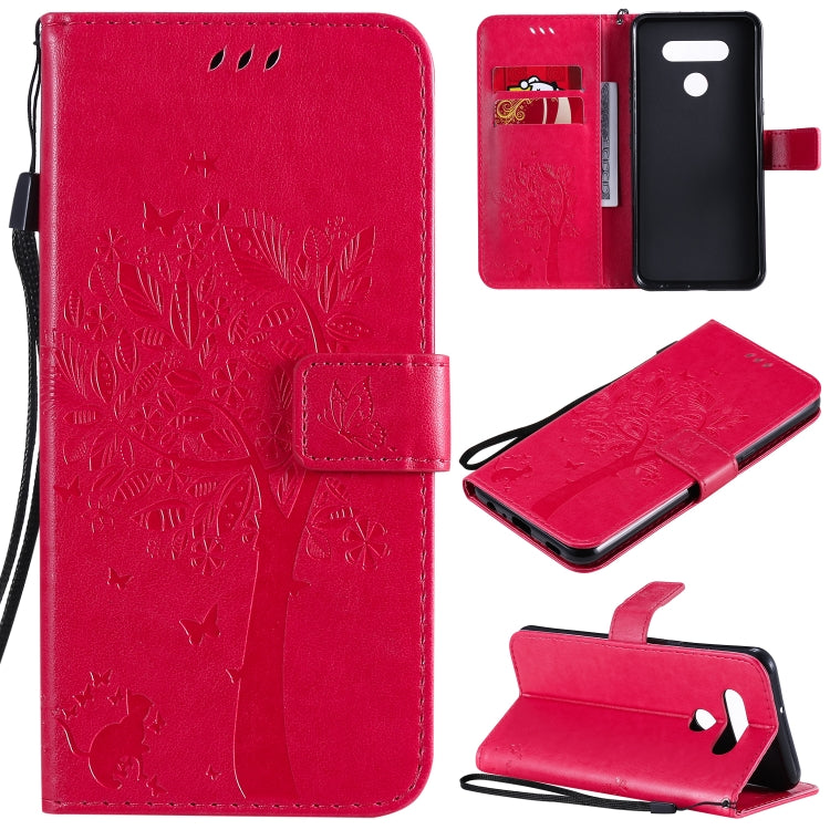 Tree & Cat Embossed Pattern Horizontal Flip Leather Case with Holder & Card Slots & Wallet & Lanyard, For LG K51, For LG K61