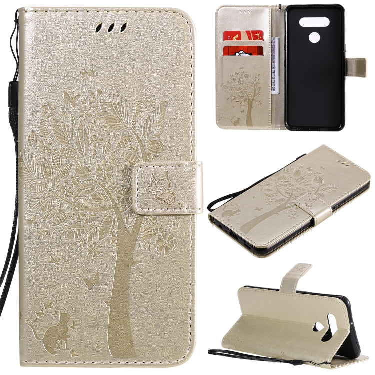 Tree & Cat Embossed Pattern Horizontal Flip Leather Case with Holder & Card Slots & Wallet & Lanyard, For LG K51, For LG K61