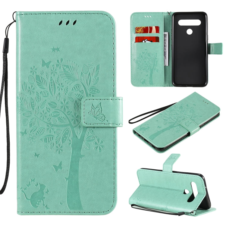 Tree & Cat Embossed Pattern Horizontal Flip Leather Case with Holder & Card Slots & Wallet & Lanyard, For LG K51, For LG K61