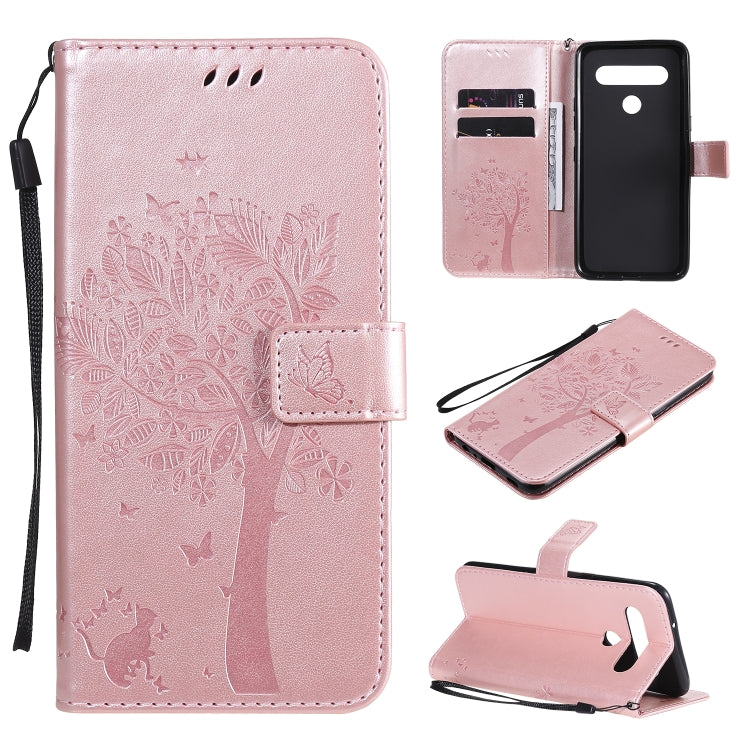 Tree & Cat Embossed Pattern Horizontal Flip Leather Case with Holder & Card Slots & Wallet & Lanyard, For LG K51, For LG K61
