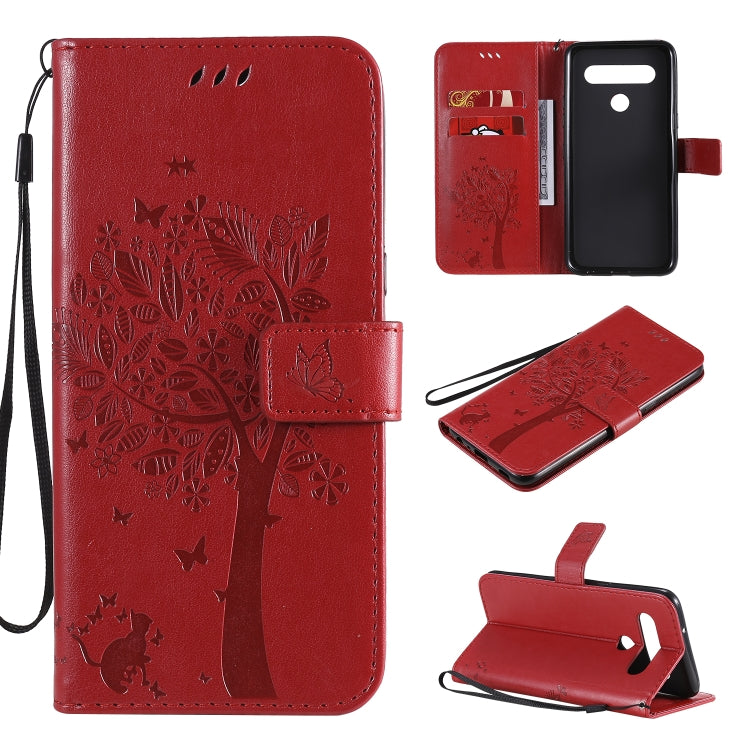 Tree & Cat Embossed Pattern Horizontal Flip Leather Case with Holder & Card Slots & Wallet & Lanyard, For LG K51, For LG K61