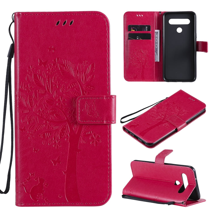 Tree & Cat Embossed Pattern Horizontal Flip Leather Case with Holder & Card Slots & Wallet & Lanyard, For LG K51, For LG K61