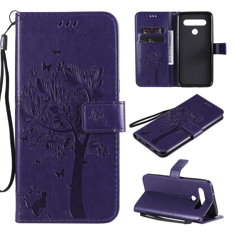 Tree & Cat Embossed Pattern Horizontal Flip Leather Case with Holder & Card Slots & Wallet & Lanyard, For LG K51, For LG K61