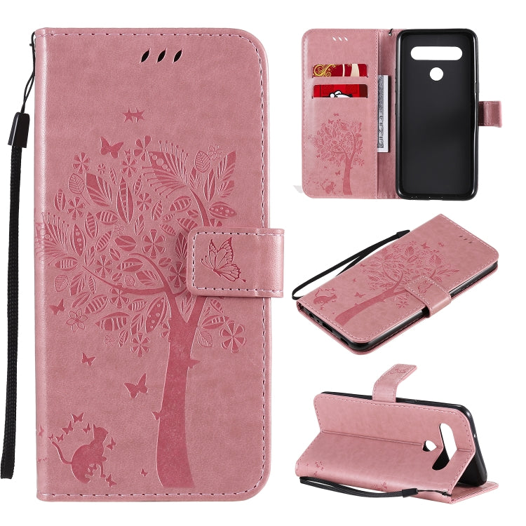 Tree & Cat Embossed Pattern Horizontal Flip Leather Case with Holder & Card Slots & Wallet & Lanyard, For LG K51, For LG K61