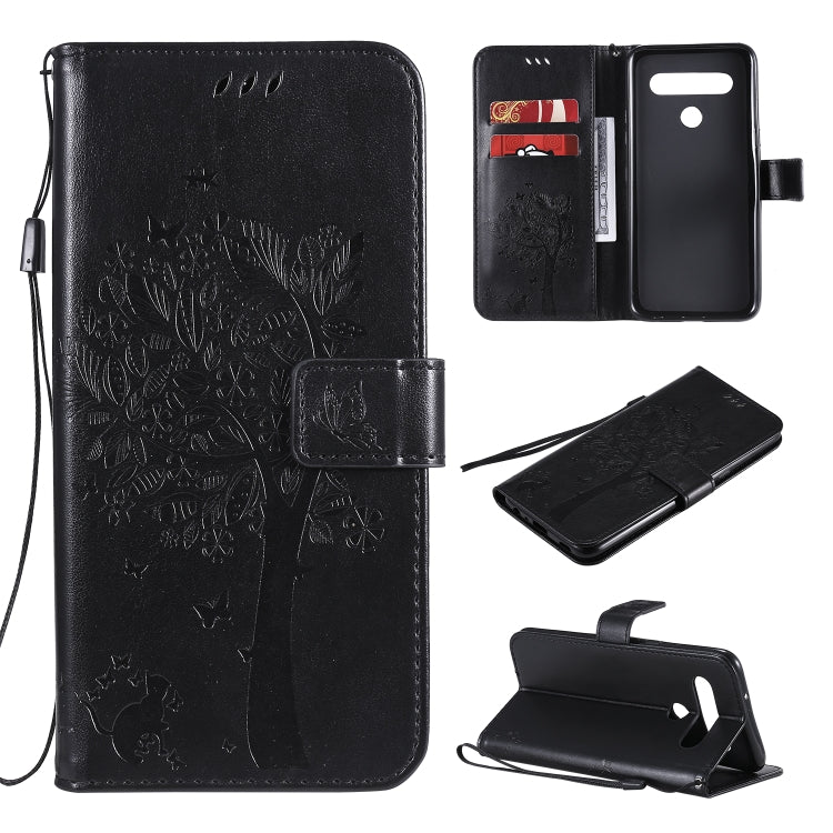 Tree & Cat Embossed Pattern Horizontal Flip Leather Case with Holder & Card Slots & Wallet & Lanyard, For LG K51, For LG K61
