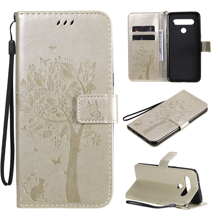 Tree & Cat Embossed Pattern Horizontal Flip Leather Case with Holder & Card Slots & Wallet & Lanyard, For LG K51, For LG K61