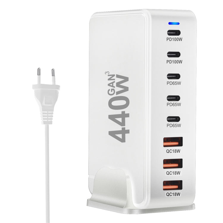 Chargeur de voyage USB GaN 440 W avec 3 ports USB, 5 ports PD, prises UE, US, UK et AU