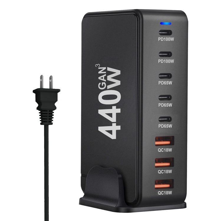 Chargeur de voyage USB GaN 440 W avec 3 ports USB, 5 ports PD, prises UE, US, UK et AU