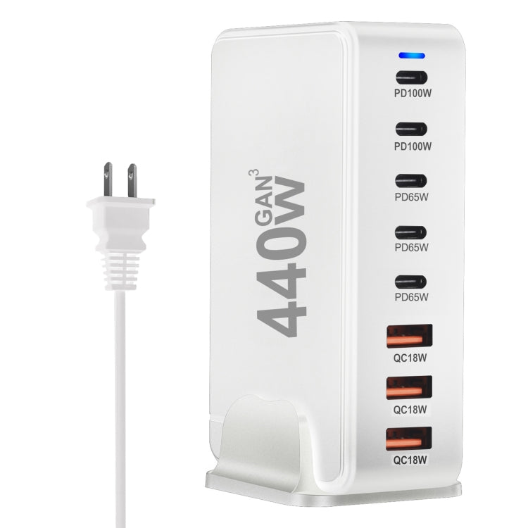 Chargeur de voyage USB GaN 440 W avec 3 ports USB, 5 ports PD, prises UE, US, UK et AU