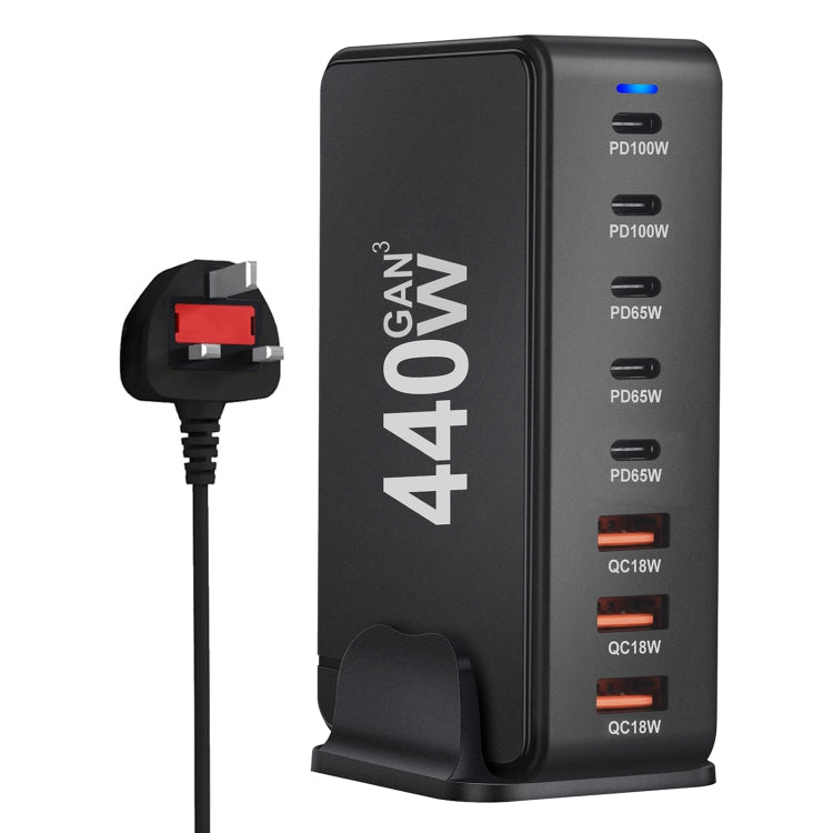 Chargeur de voyage USB GaN 440 W avec 3 ports USB, 5 ports PD, prises UE, US, UK et AU