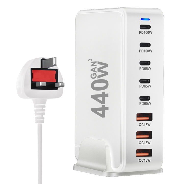 Chargeur de voyage USB GaN 440 W avec 3 ports USB, 5 ports PD, prises UE, US, UK et AU