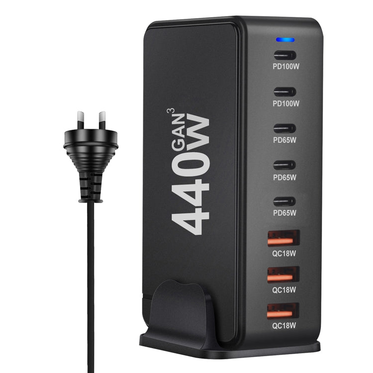 Chargeur de voyage USB GaN 440 W avec 3 ports USB, 5 ports PD, prises UE, US, UK et AU