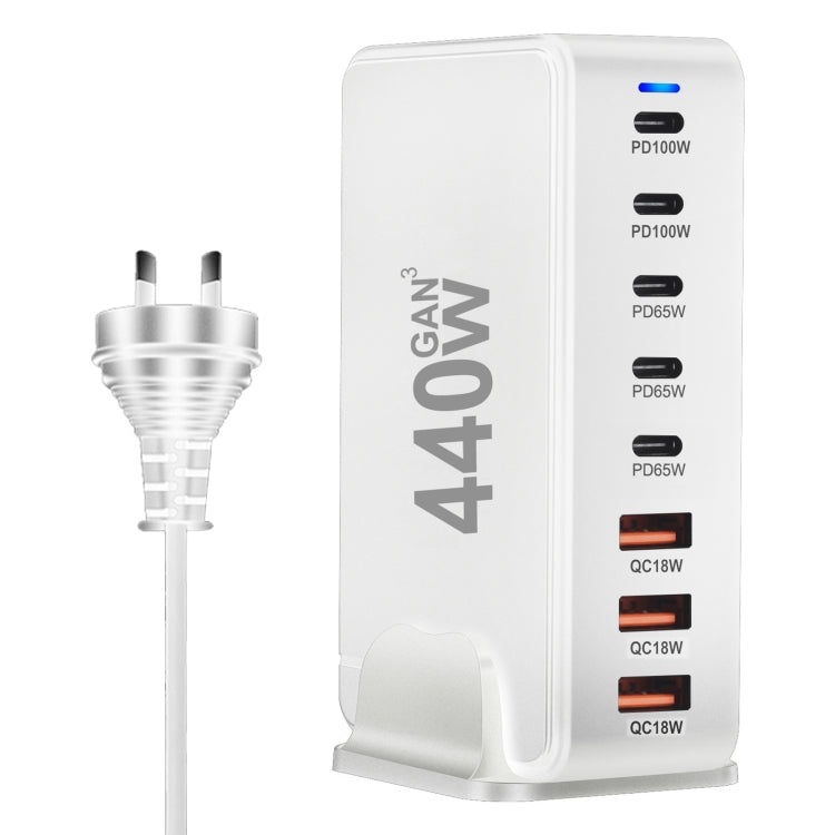Chargeur de voyage USB GaN 440 W avec 3 ports USB, 5 ports PD, prises UE, US, UK et AU
