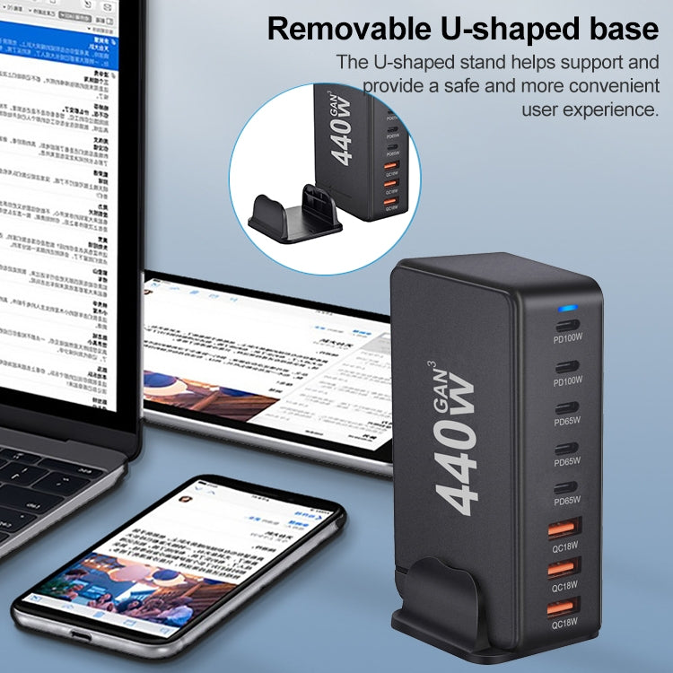 Chargeur de voyage USB GaN 440 W avec 3 ports USB, 5 ports PD, prises UE, US, UK et AU