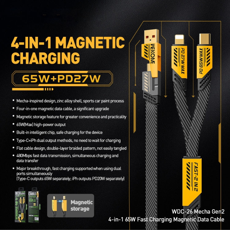 Câble de données magnétique de charge rapide USB/Type-C vers Type-C/8 broches WK WDC-26 (1,2 m, 65 W)