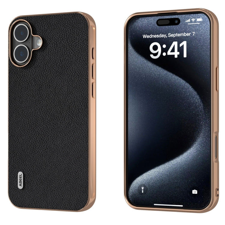 ABEEL Electroplating Frame Genuine Leather + PC Litchi Texture Phone Case, For iPhone 16 Pro Max, For iPhone 16 Pro, For iPhone 16 Plus, For iPhone 16