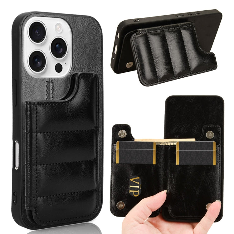 Cow Pattern Sewing Card Bag Phone Case, For iPhone 16 Pro Max, For iPhone 16 Pro, For iPhone 16 Plus, For iPhone 16