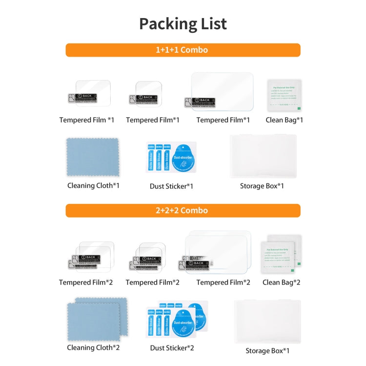 For GoPro HERO13 Black Sunnylife 3 in 1 Lens Protector Front and Rear Screen Tempered Glass Films, 1 + 1 + 1 Sets, 2 + 2 + 2 Sets