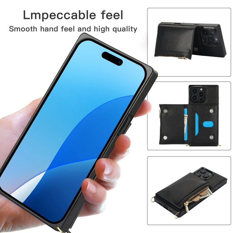 Square Zipper Wallet Bag TPU+PU Back Cover Case, For iPhone 16 Pro Max, For iPhone 16 Pro, For iPhone 16 Plus, For iPhone 16