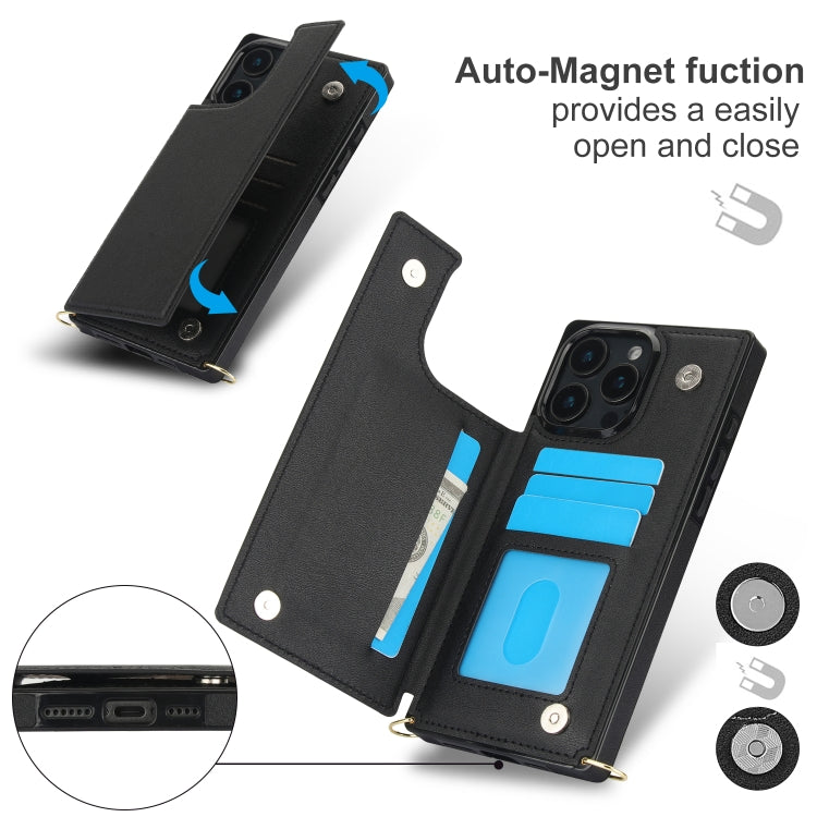 Cross-body Square Dual-Buckle Card Flip Wallet Phone Case, For iPhone 16 Pro Max, For iPhone 16 Pro, For iPhone 16 Plus, For iPhone 16