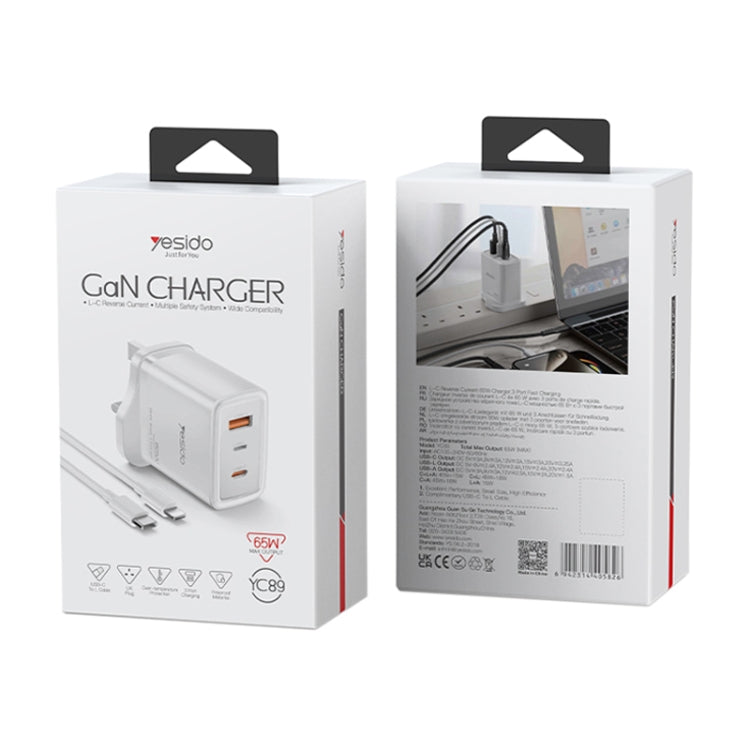 Chargeur rapide USB 65 W Yesido YC89 Type-C, GaN inversé 8 broches, avec câble Type-C vers 8 broches, YC89