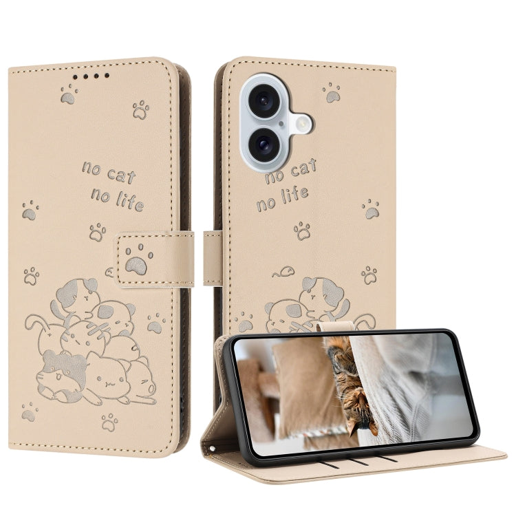 Embossed Kitten Phone Leather Case with Lanyard, iPhone 16e, For iPhone 16 Pro Max, For iPhone 16 Pro, For iPhone 16 Plus