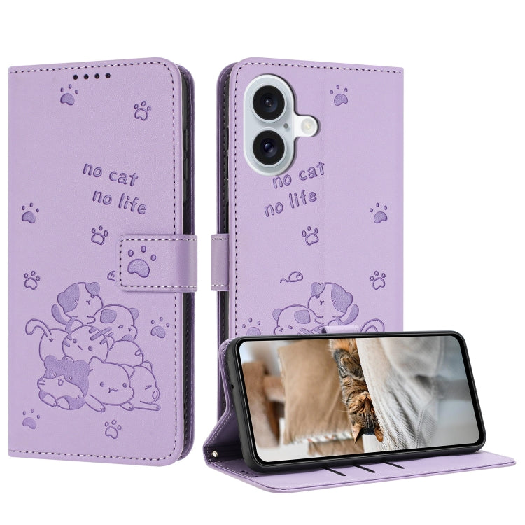Embossed Kitten Phone Leather Case with Lanyard, For iPhone 16, For iPhone 15 Pro Max, For iPhone 15 Pro, For iPhone 15 Plus