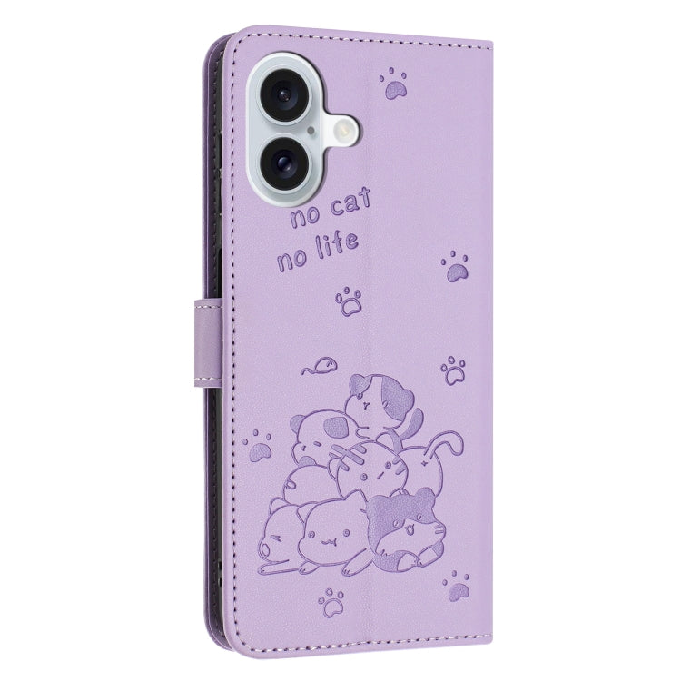 Embossed Kitten Phone Leather Case with Lanyard, For iPhone 16, For iPhone 15 Pro Max, For iPhone 15 Pro, For iPhone 15 Plus