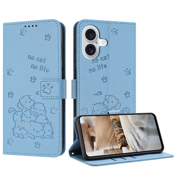 Embossed Kitten Phone Leather Case with Lanyard, For iPhone 16, For iPhone 15 Pro Max, For iPhone 15 Pro, For iPhone 15 Plus