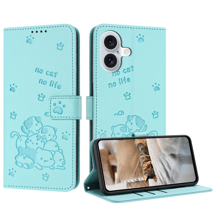 Embossed Kitten Phone Leather Case with Lanyard, For iPhone 16, For iPhone 15 Pro Max, For iPhone 15 Pro, For iPhone 15 Plus