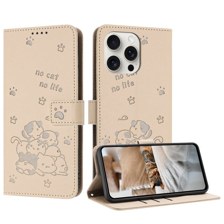 Embossed Kitten Phone Leather Case with Lanyard, For iPhone 16, For iPhone 15 Pro Max, For iPhone 15 Pro, For iPhone 15 Plus