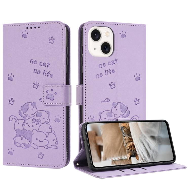 Embossed Kitten Phone Leather Case with Lanyard, For iPhone 16, For iPhone 15 Pro Max, For iPhone 15 Pro, For iPhone 15 Plus