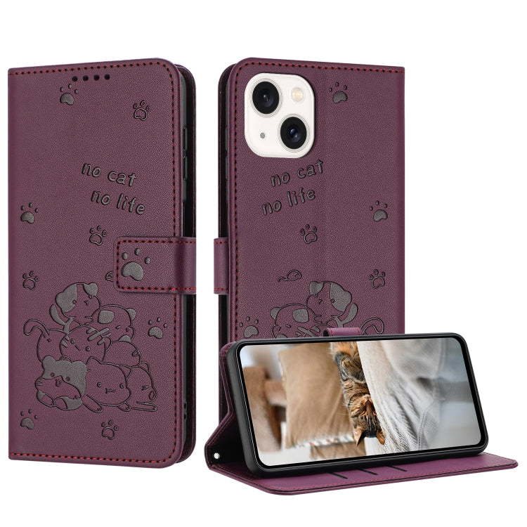 Embossed Kitten Phone Leather Case with Lanyard, For iPhone 16, For iPhone 15 Pro Max, For iPhone 15 Pro, For iPhone 15 Plus