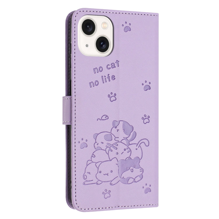 Embossed Kitten Phone Leather Case with Lanyard, For iPhone 15, For iPhone 14 Plus, For iPhone 14 / 13, For iPhone 14 Pro