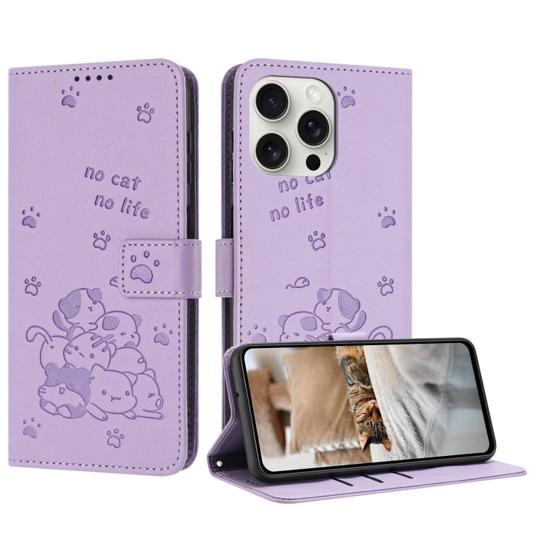 Embossed Kitten Phone Leather Case with Lanyard, For iPhone 15, For iPhone 14 Plus, For iPhone 14 / 13, For iPhone 14 Pro