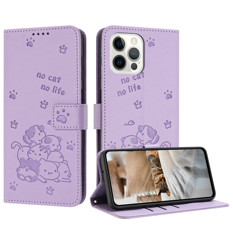 Embossed Kitten Phone Leather Case with Lanyard, For iPhone 13 mini, For iPhone 12 / 12 Pro, For iPhone 12 Pro Max, For iPhone 11 Pro Max