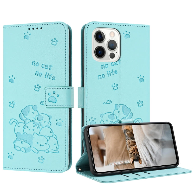 Embossed Kitten Phone Leather Case with Lanyard, For iPhone 13 mini, For iPhone 12 / 12 Pro, For iPhone 12 Pro Max, For iPhone 11 Pro Max